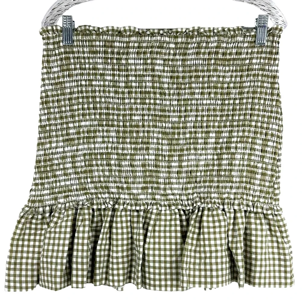 Veronica Beard NWT Aloya Smocked Cotton Mini Skirt Size XL Olive Gingham Ruffle - Picture 2 of 10